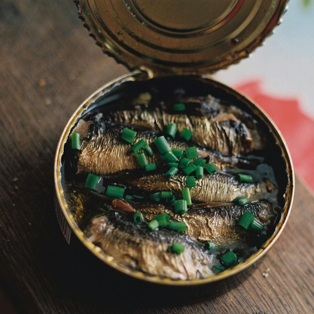 Canned sardines garnished with fresh chives, shot close-up for food detail.